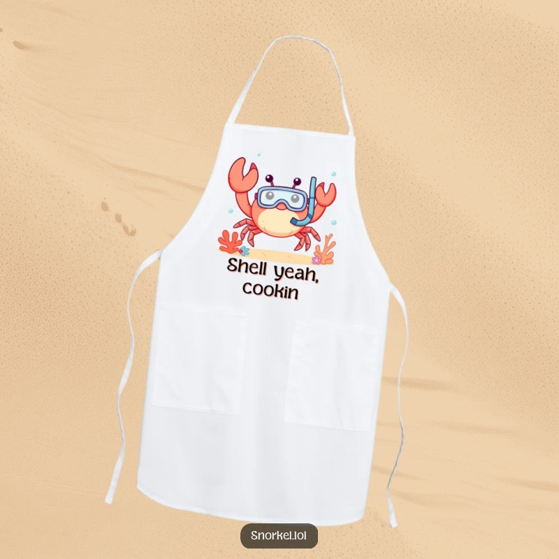 Funny crab apron, waving cheerfully underwater with snorkel mask, cooking. This happy chef design adds humor to the kitchen.