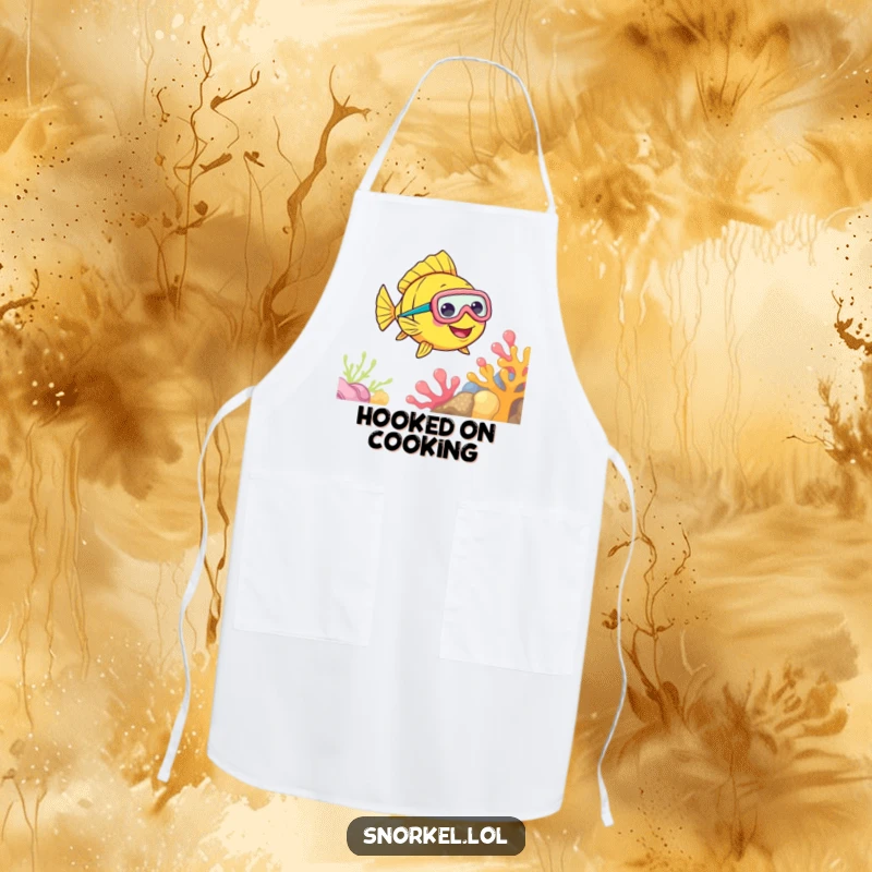 Funny Fish Snorkel Apron showing a cheerful fish with a snorkel mask, swimming near coral, designed for kitchen use with a vibrant, aquatic theme.