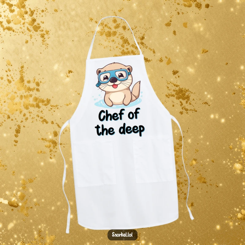 Funny otter apron with goggles and snorkel, cooking with a smile. This happy culinary creature design adds humor to the kitchen.