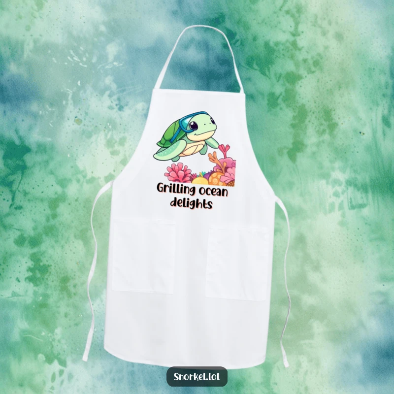 Funny sea turtle with snorkel, exploring coral reef, on a kitchen apron, ideal funny gift.