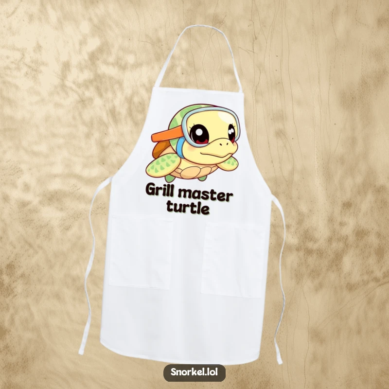 Funny sea turtle apron, excited with snorkel, cooking with enthusiasm. This curious chef design brings humor to the kitchen.
