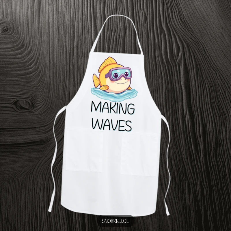 Funny fish apron, playfully peeking out of water with snorkel, cooking. This humorous chef design brings fun to the kitchen.