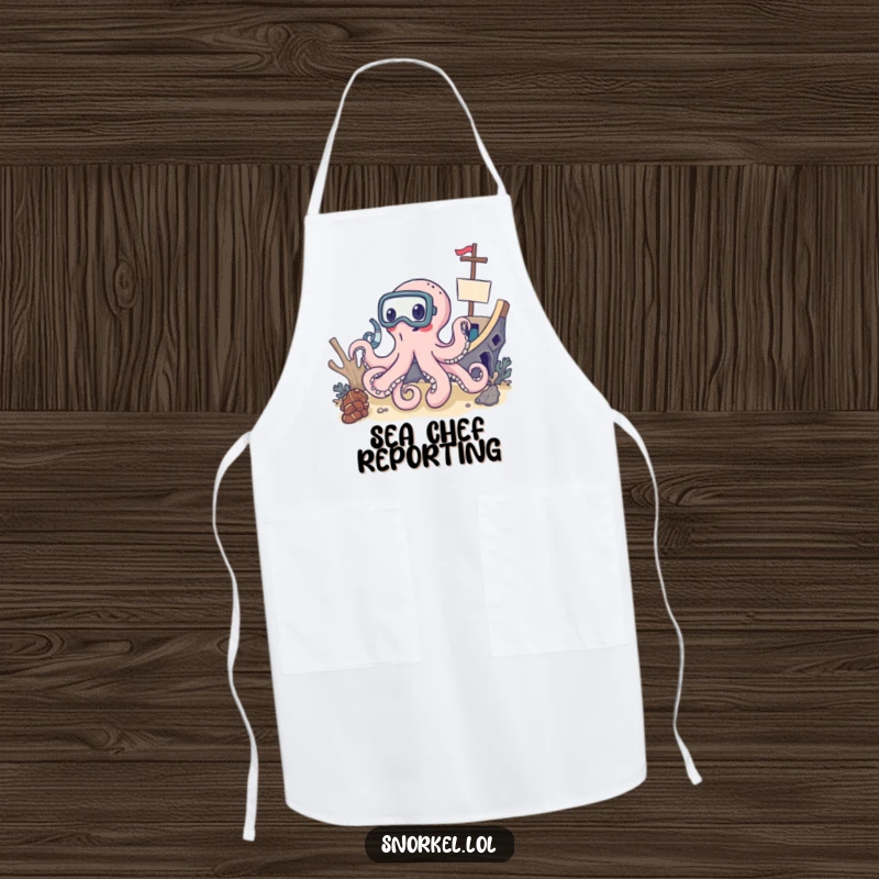 Funny octopus wearing snorkel mask, exploring shipwreck apron, humorous cooking accessory, ideal funny gift for chefs.