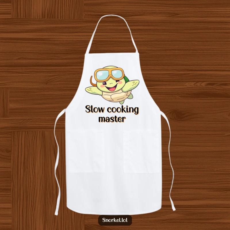 Funny Turtle Snorkel Apron showing a happy turtle with a snorkel mask, swimming underwater, designed for kitchen use with a cheerful and aquatic theme.
