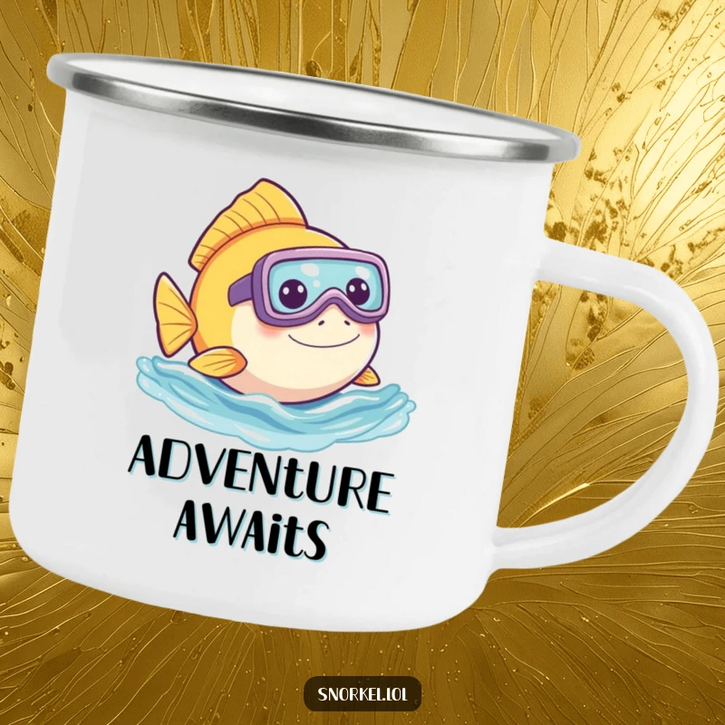 Funny fish camping mug, playfully peeking out of water with snorkel. This durable, humorous design is ideal for campers.
