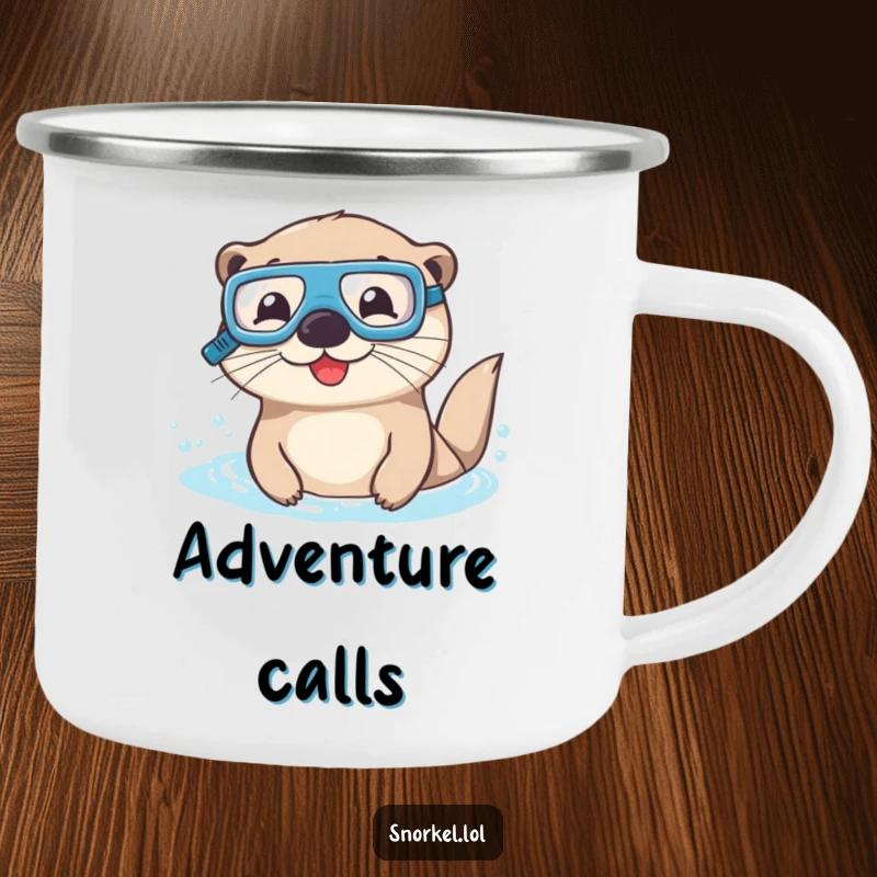 Funny otter camping mug with goggles and snorkel, swimming ruggedly. This happy, durable design is great for outdoor adventures.