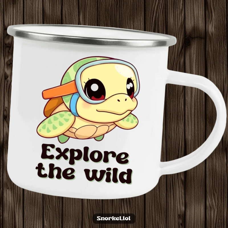 Funny sea turtle camping mug, excited with snorkel, ready for adventure. This durable, curious design is ideal for outdoor fun.