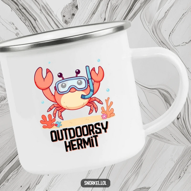 Funny crab camping mug, waving cheerfully underwater with snorkel mask. This durable, happy design is great for outdoor fun.