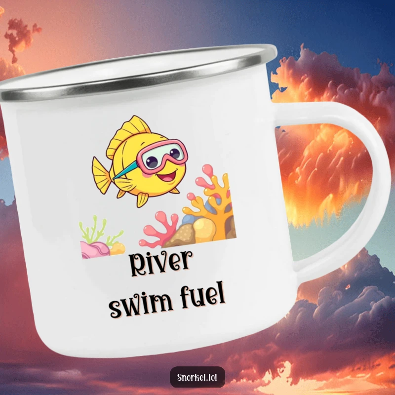 Funny Fish Snorkel Camping Mug showing a cheerful fish with a snorkel mask, swimming near coral, designed for outdoor use with a vibrant theme.