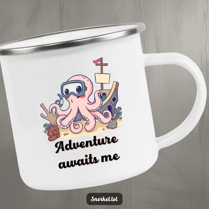 Funny octopus in snorkel mask, exploring shipwreck, durable camping mug, ideal funny gift for outdoor lovers.