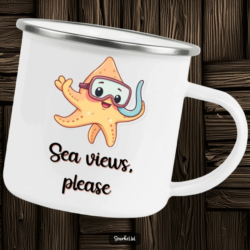 Funny starfish in snorkel mask, durable camping mug, curious explorer design, perfect funny gift for outdoor enthusiasts.