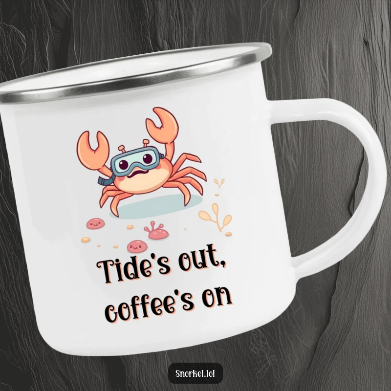 Funny crab camping mug, excitedly scuttling on the seabed with a snorkel, perfect for outdoor enthusiasts and lovers of quirky humor.