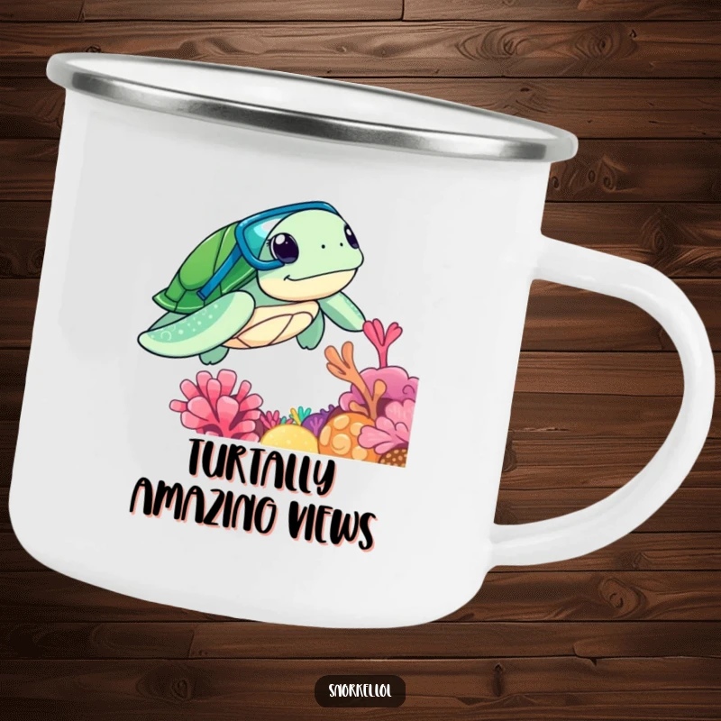Funny curious sea turtle with snorkel, exploring coral reef, on a durable camping mug, perfect funny gift.