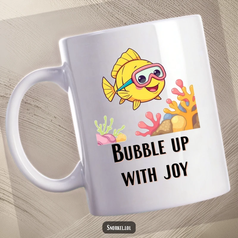 Funny Fish Snorkel Mug showing a cheerful fish wearing a snorkel mask, swimming joyfully near colorful coral, bringing underwater charm.
