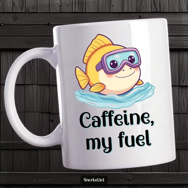 Funny fish mug, playfully peeking out of water with snorkel. This cheerful aquatic creature design is perfect for a laugh.