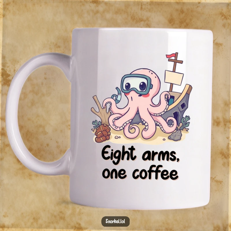 Funny delighted octopus wearing snorkel mask exploring shipwreck, underwater adventure mug, humorous ocean art, perfect funny gift.