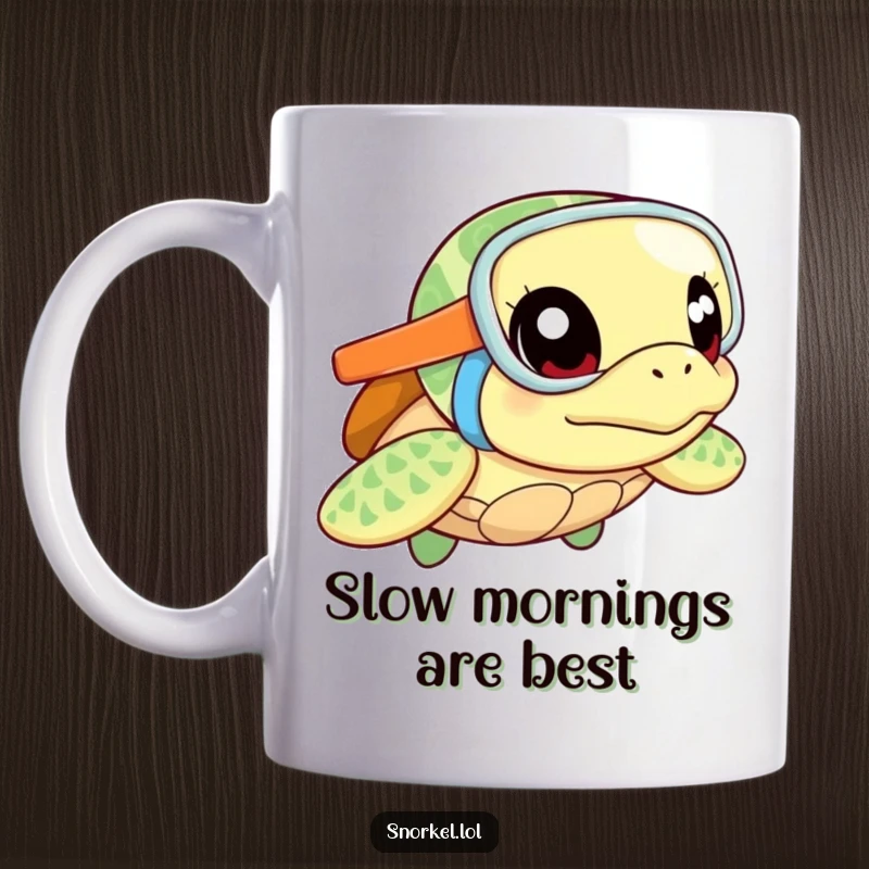 Funny sea turtle mug, excited with snorkel, ready for adventure. This curious creature design is perfect for a laugh.