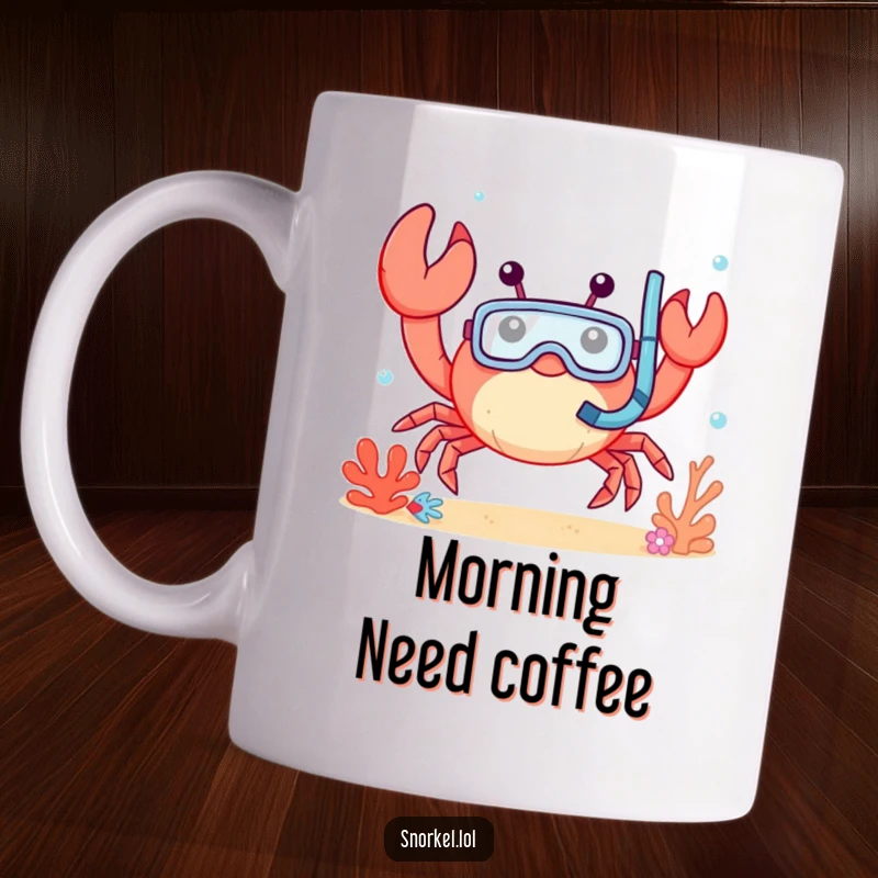 Funny crab mug, cheerfully waving underwater with snorkel mask. This happy crustacean design is perfect for a laugh.
