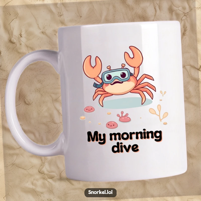Funny crab mug with a snorkel, excitedly scuttling on the seabed, showcasing a love for underwater adventures and a playful spirit.
