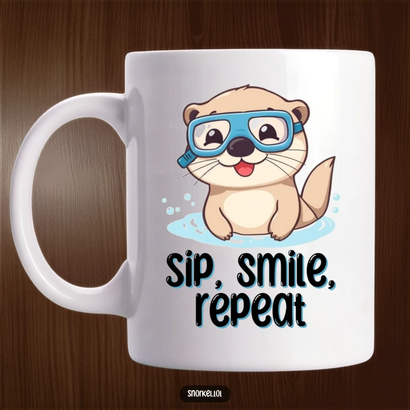 Funny otter mug with goggles and snorkel, happily swimming underwater. This cheerful sea creature design is perfect for a laugh.