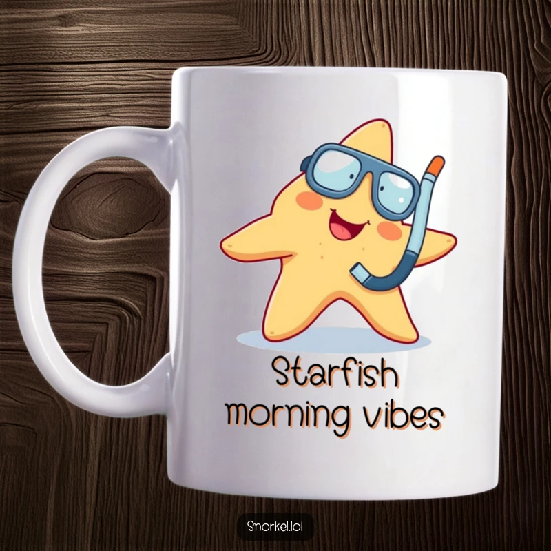 Funny cheerful starfish wiggling with a snorkel attached, looking happy on a mug, great funny gift.