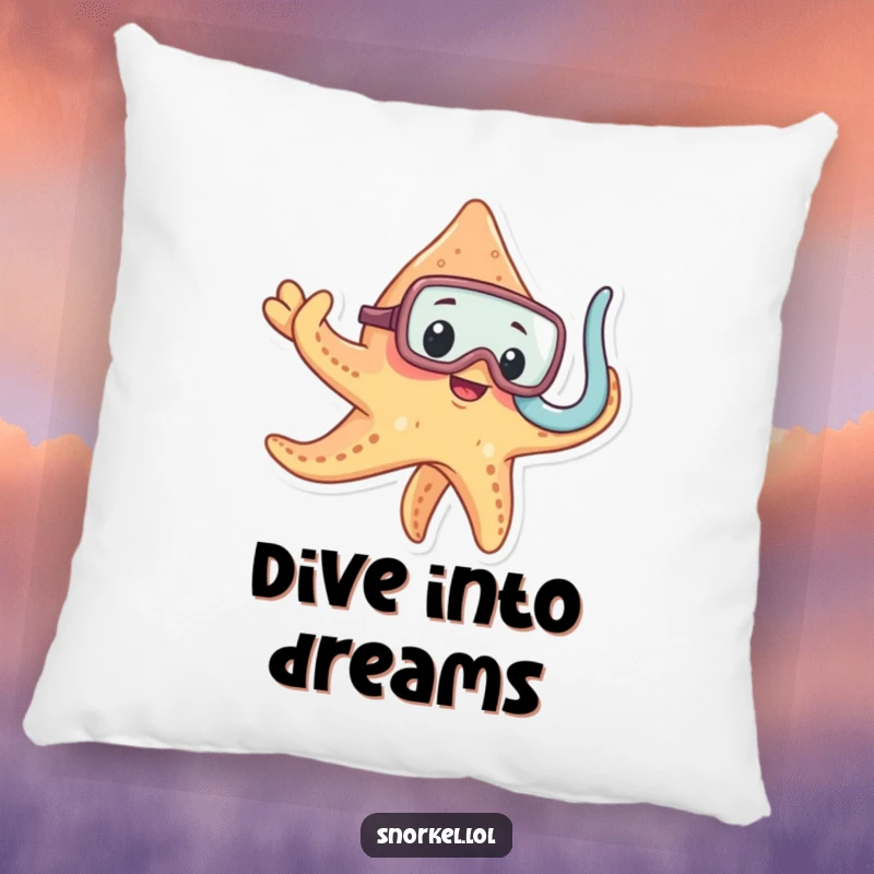 Funny starfish wearing snorkel mask, soft decorative pillow, curious ocean dweller, delightful funny gift for sofa decor.