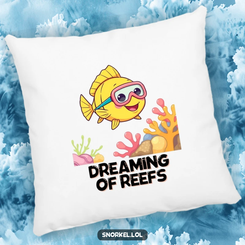 Funny Fish Snorkel Pillow with a soft texture, depicting a cheerful fish wearing a snorkel mask, swimming near coral, offering comfort and underwater joy.