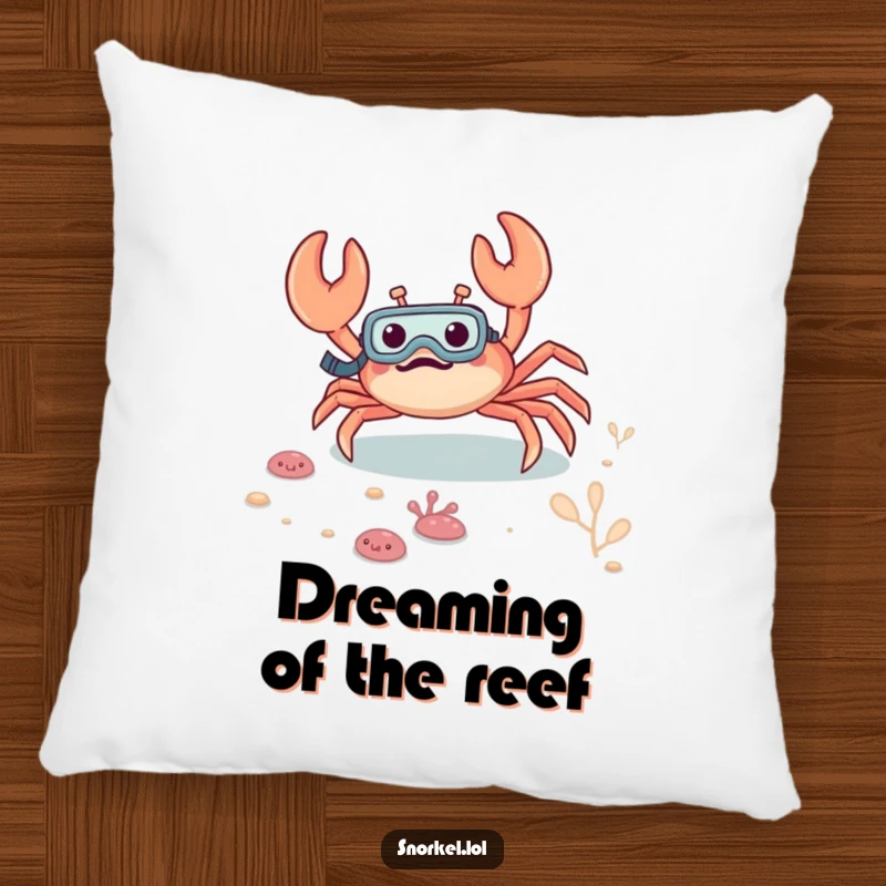 Funny crab pillow, excitedly scuttling across the seabed with a snorkel, offering comfort and a touch of playful aquatic humor.