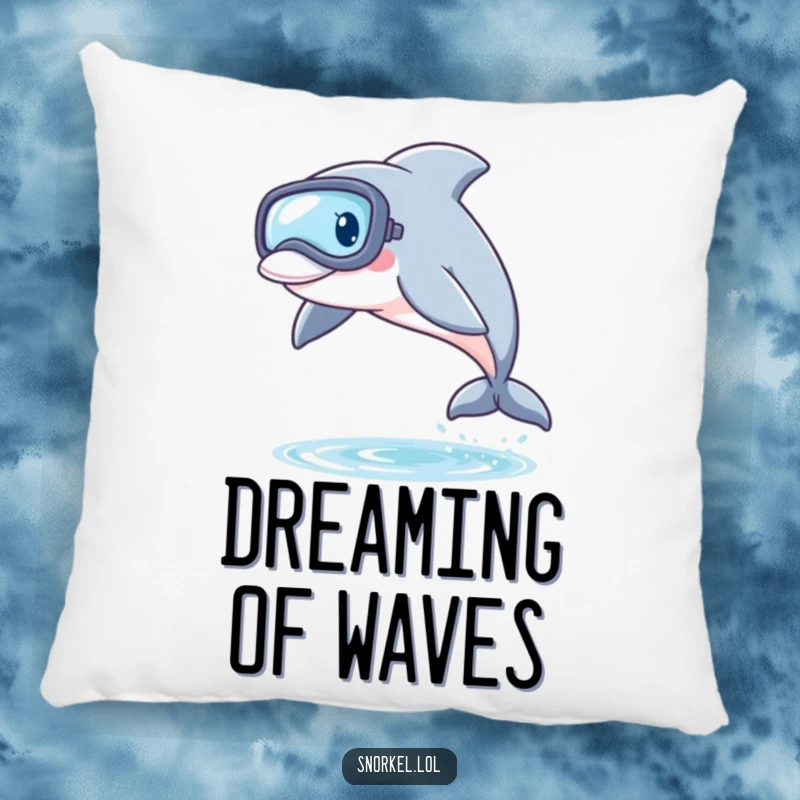 Funny Dolphin Snorkel Pillow with a soft texture, depicting a playful dolphin wearing a snorkel mask, leaping from the water, offering comfort and joy.