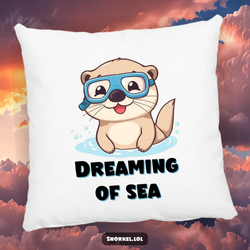 Funny otter pillow with goggles and snorkel, swimming peacefully. This soft, happy sea creature design provides comfort and humor.