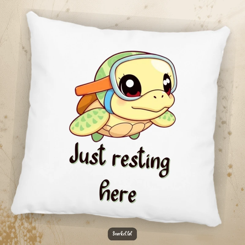 Funny sea turtle pillow, excited with snorkel, ready for adventure. This soft, curious design provides comfort and humor.