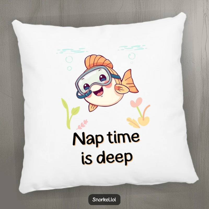 Funny fish with snorkel mask, peeking from water, on a soft pillow, great funny gift.