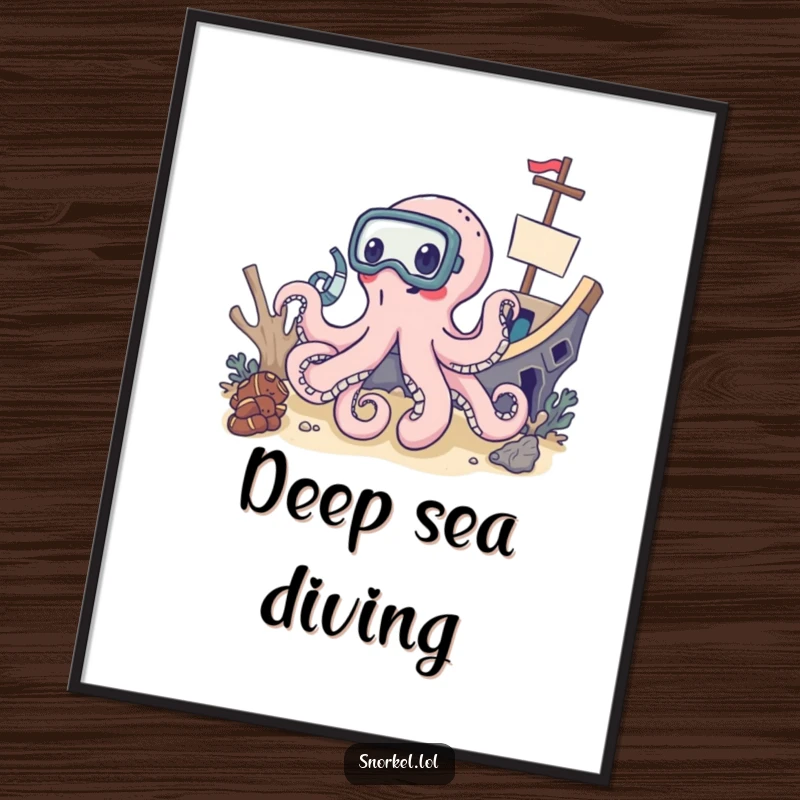 Funny octopus in snorkel mask, shipwreck digital art, delighted explorer theme, instant funny gift for wall decor.