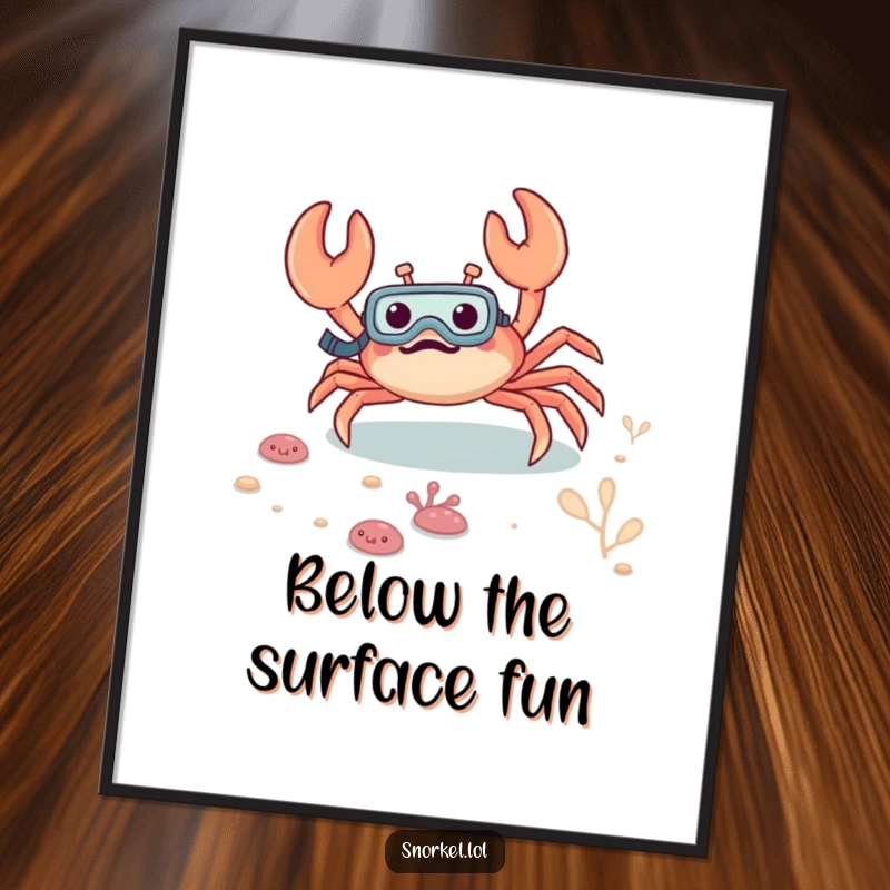 Funny crab digital art print, excitedly scuttling on the seabed with a snorkel, offering vibrant, humorous underwater scenery for instant download.