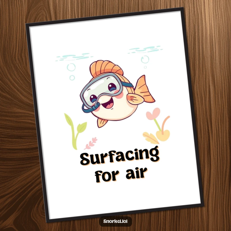 Funny happy fish wearing a snorkel mask, peeking from water, high-quality digital art print, ideal funny gift.