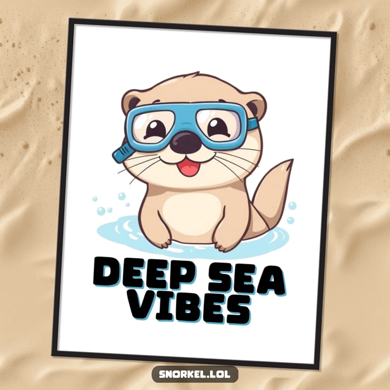 Funny otter digital art print with goggles and snorkel, swimming joyfully. This happy sea creature design brings instant humor.