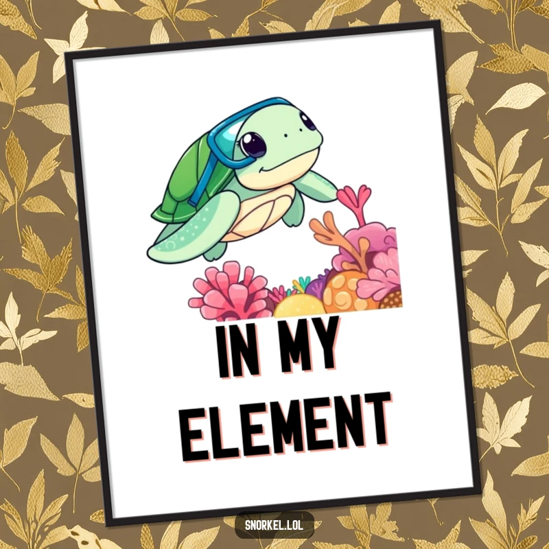 Funny curious sea turtle with snorkel, exploring coral reef, high-quality digital art print, ideal funny gift.