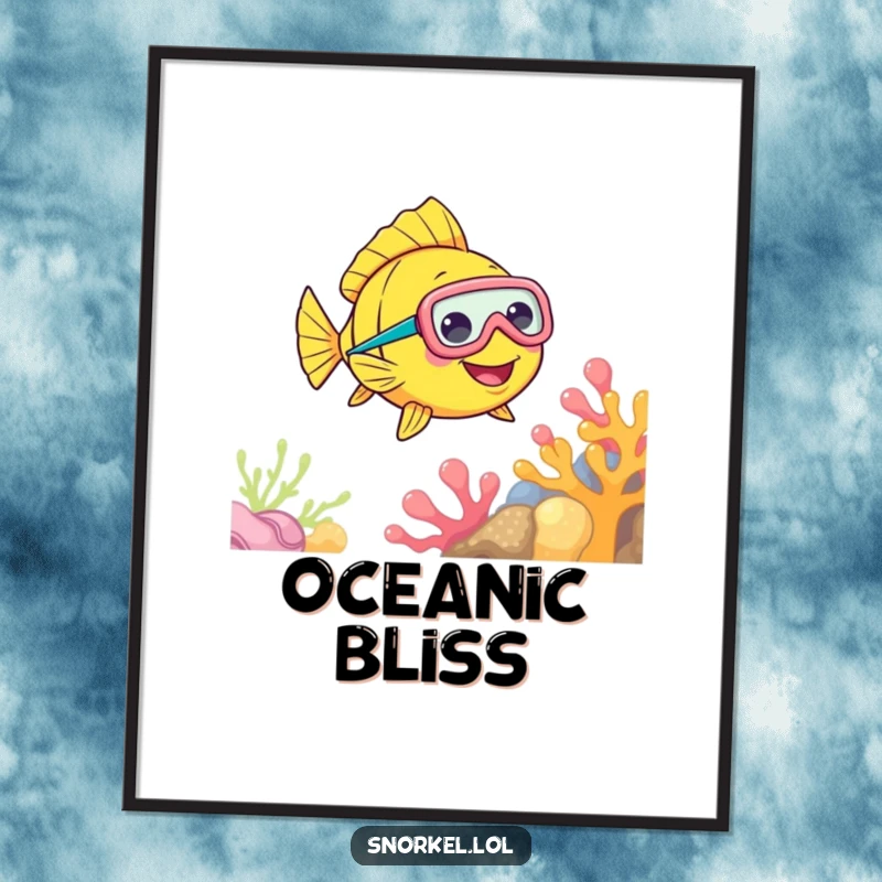 Funny Fish Snorkel Digital Art Print featuring a cheerful fish with a snorkel mask, swimming near coral, ready for instant, vibrant decor.
