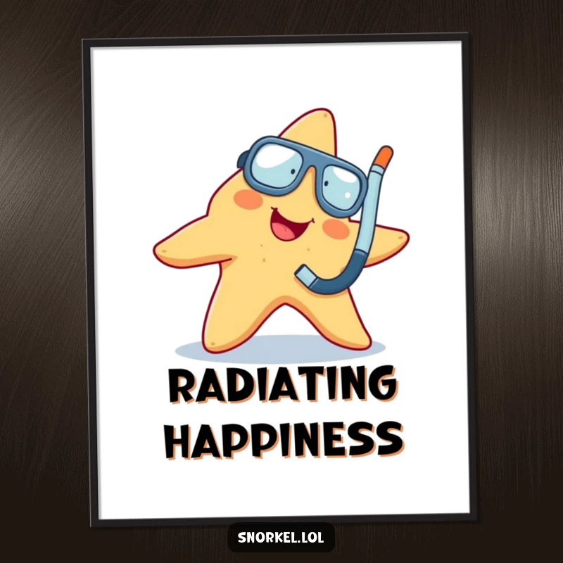Funny cheerful starfish wiggling with snorkel, high-quality digital art print, ideal funny gift.