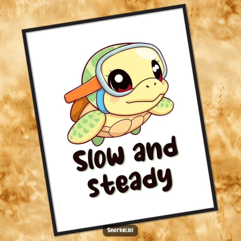 Funny sea turtle digital art print, excited with snorkel, ready to explore. This curious creature design brings instant cheer.