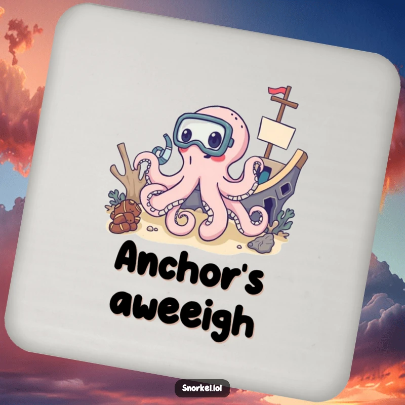Funny octopus wearing snorkel mask, shipwreck coasters, delighted explorer theme, useful funny gift for home bars.