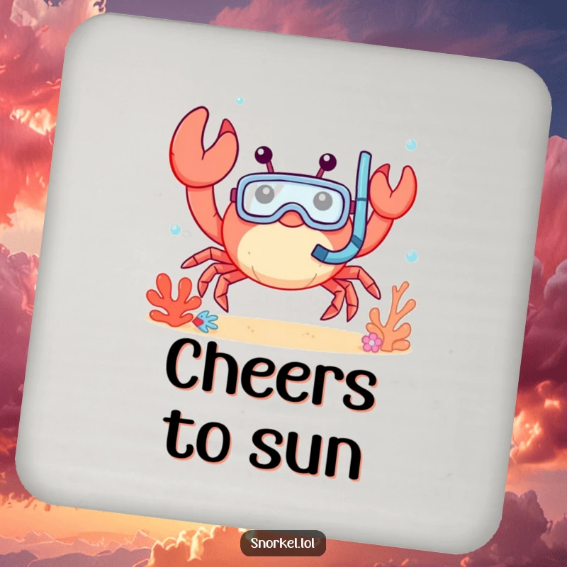 Funny crab coasters, waving cheerfully underwater with snorkel mask. This set of happy crustacean designs protects surfaces humorously.