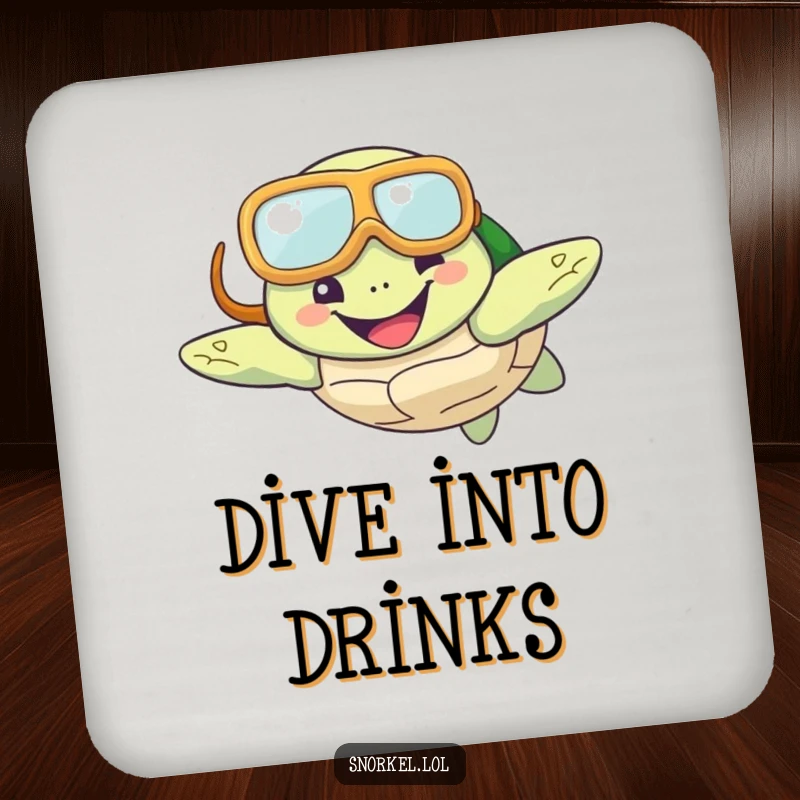 Funny Turtle Snorkel Coaster depicting a happy turtle with a snorkel mask, swimming with a smile, offering surface protection and cheerful aquatic vibes.