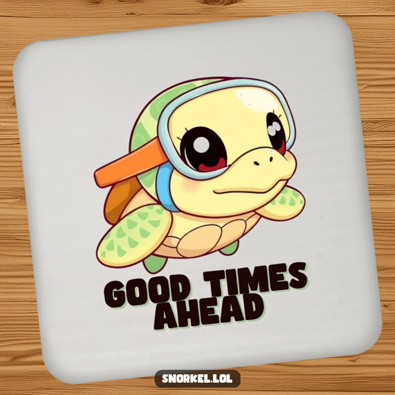 Funny sea turtle coasters, excited with snorkel, ready for adventure. This set of curious designs protects surfaces humorously.