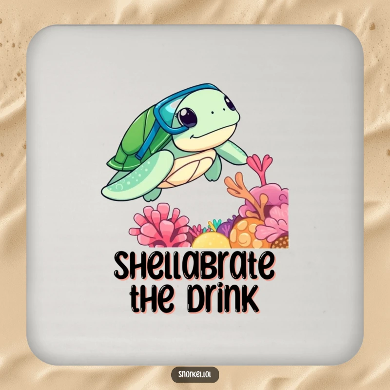 Funny sea turtle with snorkel, exploring coral reef, on a protective drink coaster, superb funny gift.