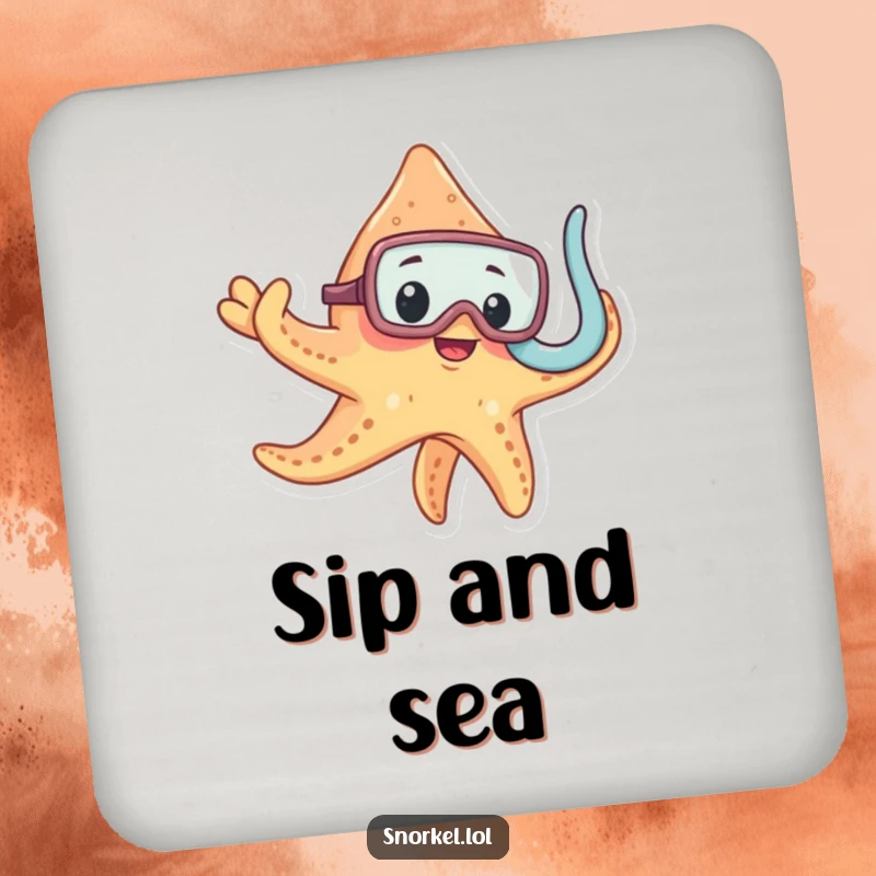Funny curious starfish wearing snorkel mask, set of coasters, ocean-themed protection, delightful funny gift for barware.