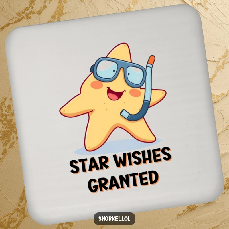 Funny starfish wiggling with snorkel, on a protective drink coaster, superb funny gift.