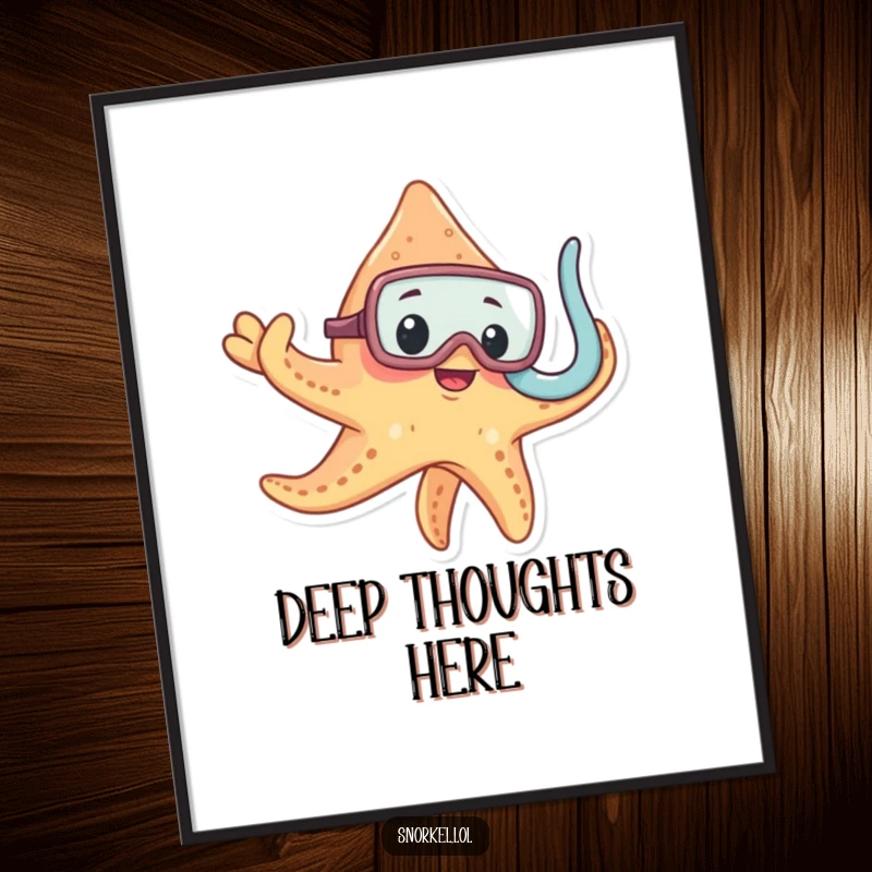 Funny curious starfish in snorkel mask, vibrant underwater poster, whimsical wall art, perfect funny gift for ocean lovers.