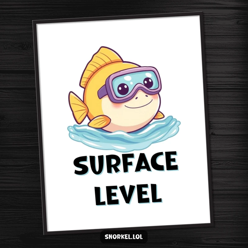 Funny fish poster, playfully peeking out of water with snorkel. This humorous artwork adds character to walls.