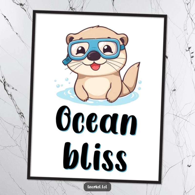 Funny otter poster with goggles and snorkel, swimming with joy. This happy aquatic artwork adds humor to any room.